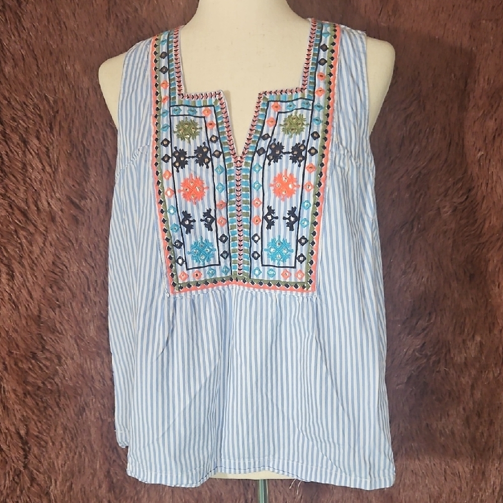 Crwon & Ivy Embroidered Stripe Sleeveless Top - Blue